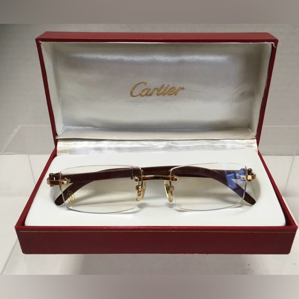 VTG Cartier Rimless Eyeglasses Frame Gold & Wood Accent
